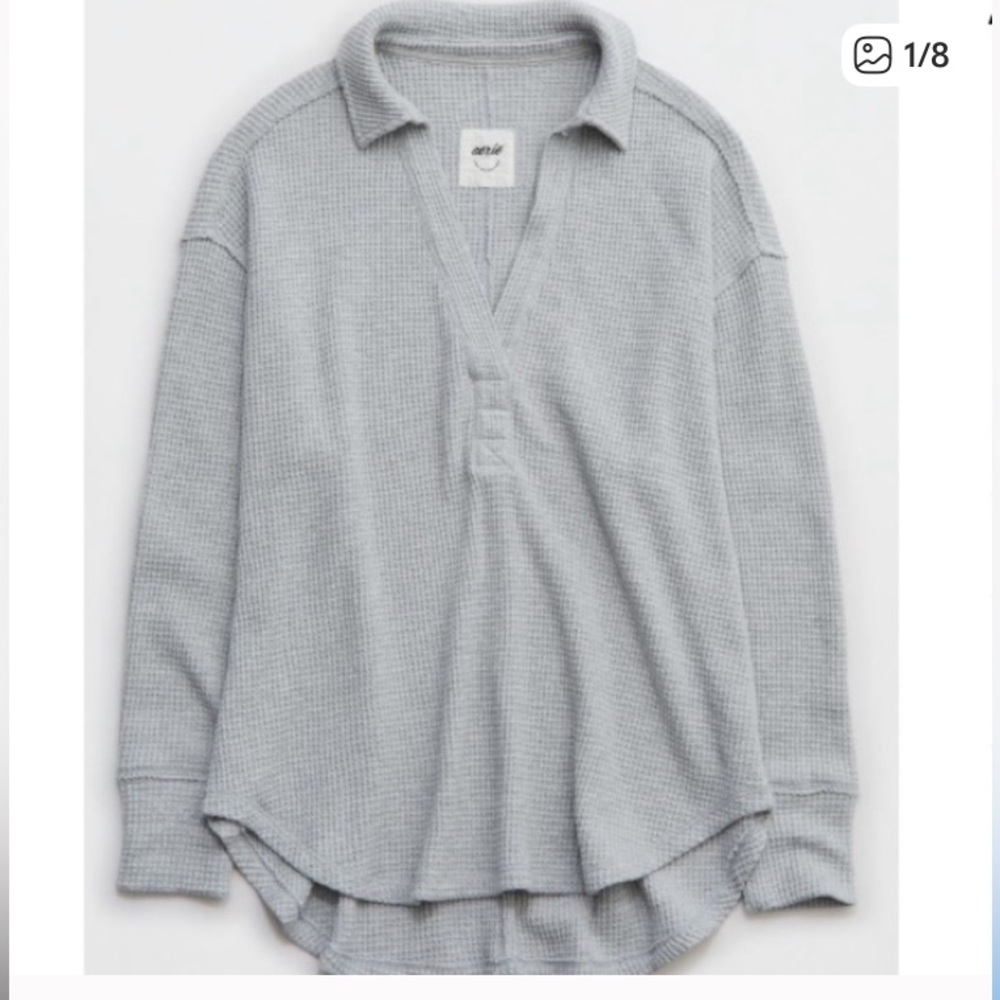 Aerie Lumberjane Waffle Knit Polo Sweater in Heather Gray